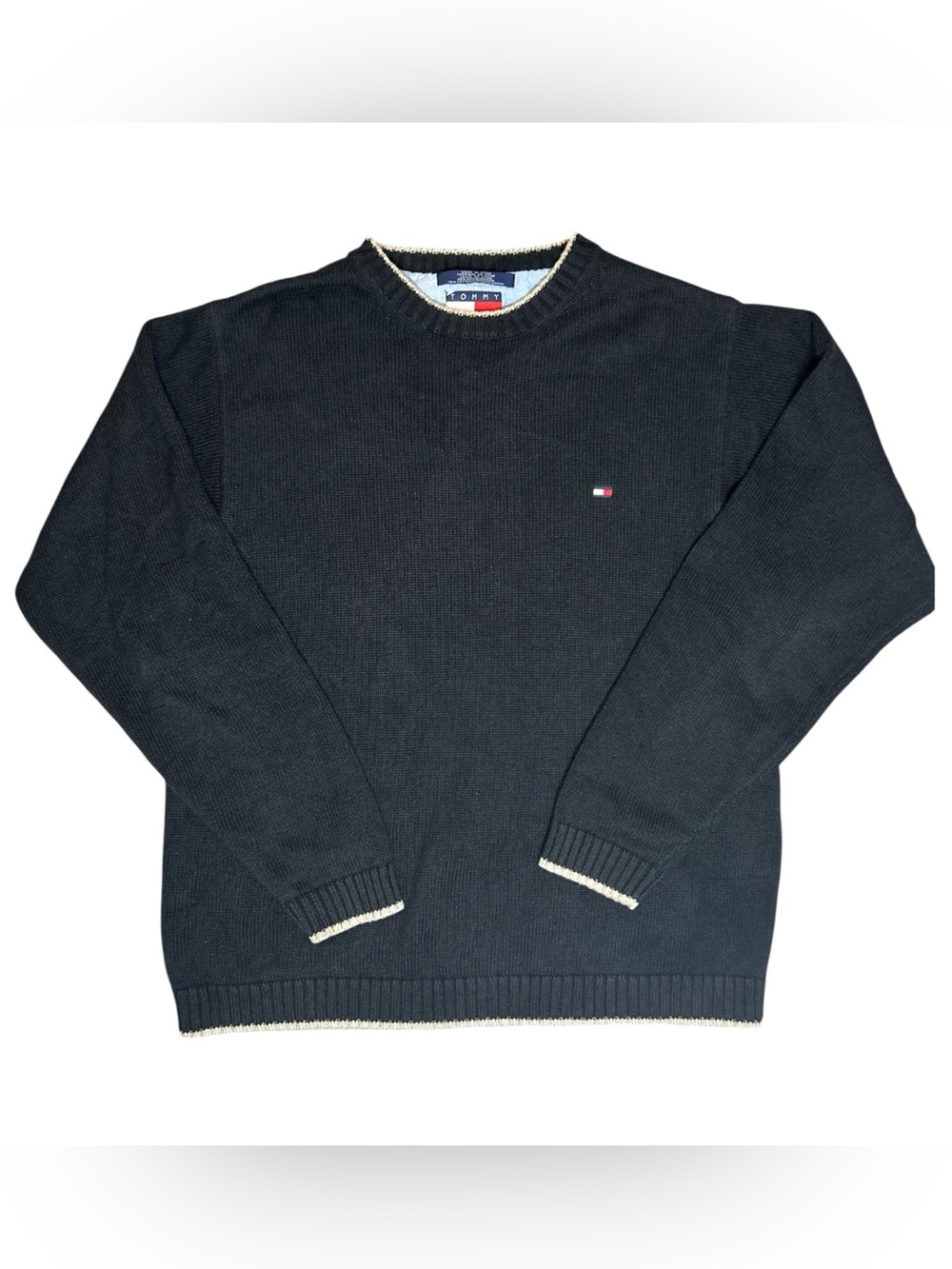 Tommy Hilfiger Mens L Sweater Black Crewneck Cotton Wool Flag Logo Vintage